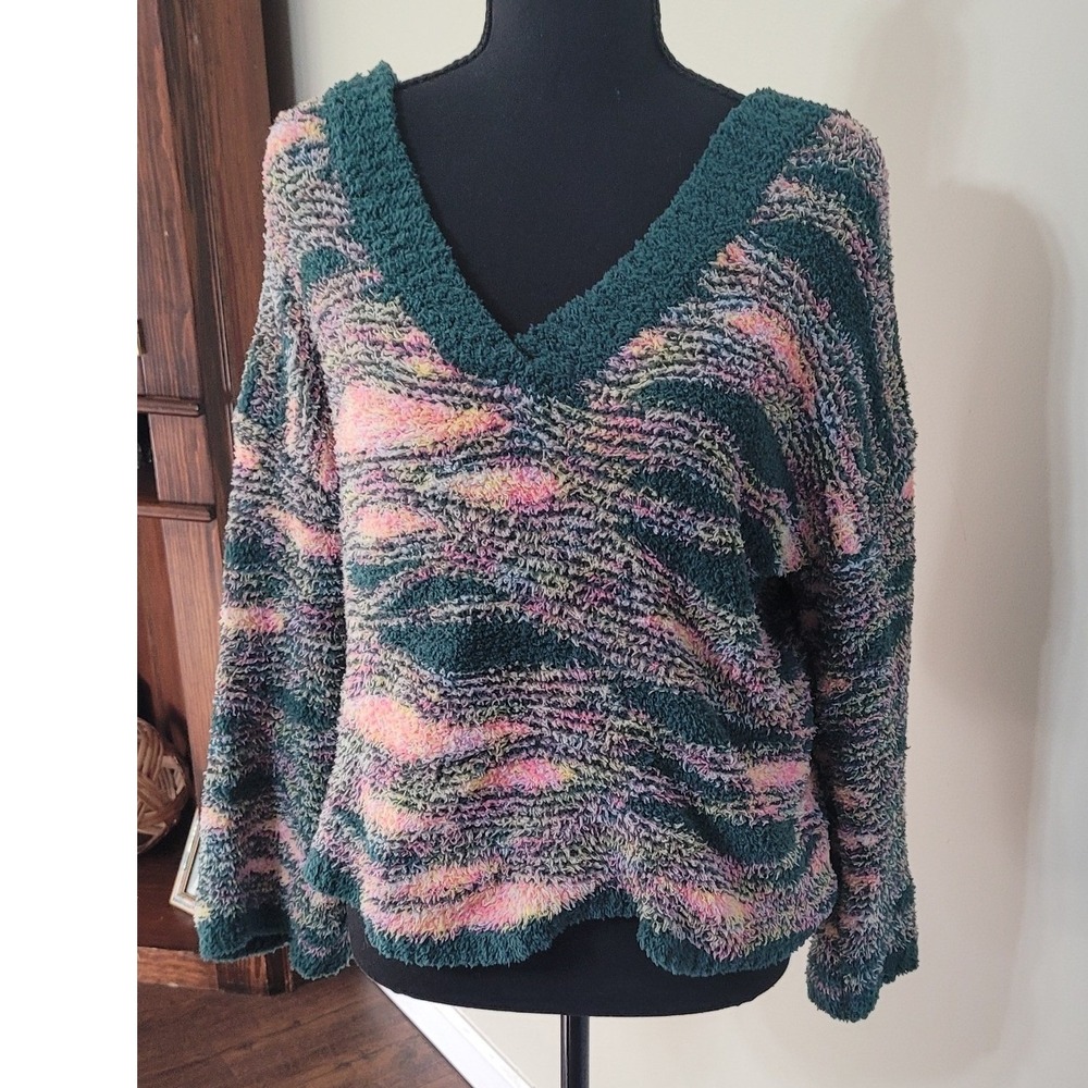 POL Womens Space Dye Fuzzy Eyelash Knit V-Neck Sweater Teal Pink Small